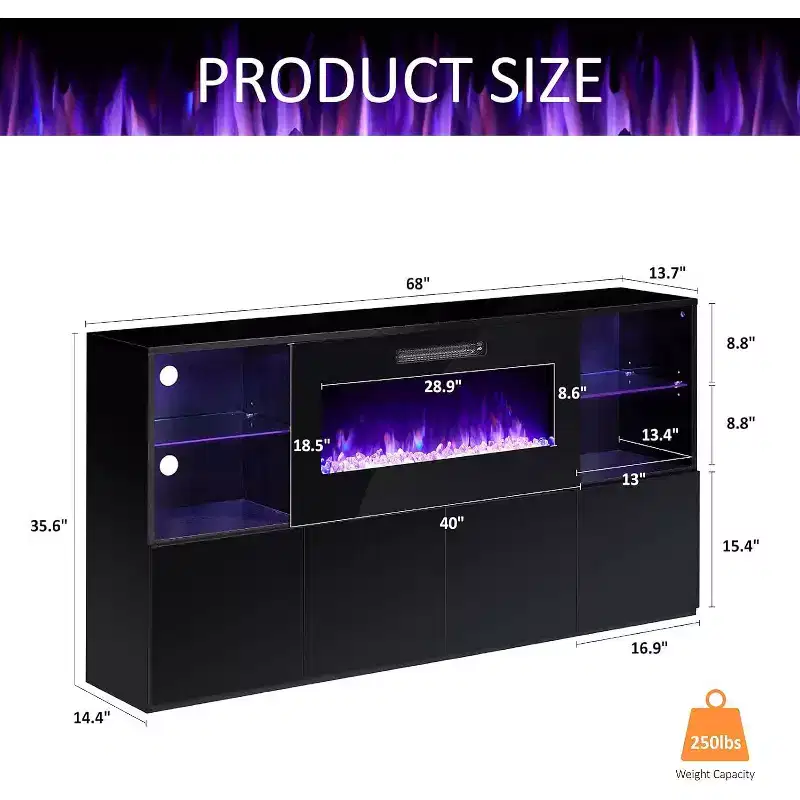 AMERLIFE 68 High Gloss Fireplace TV Stand with 40 Fireplace with LED Lights for TVs up to 78