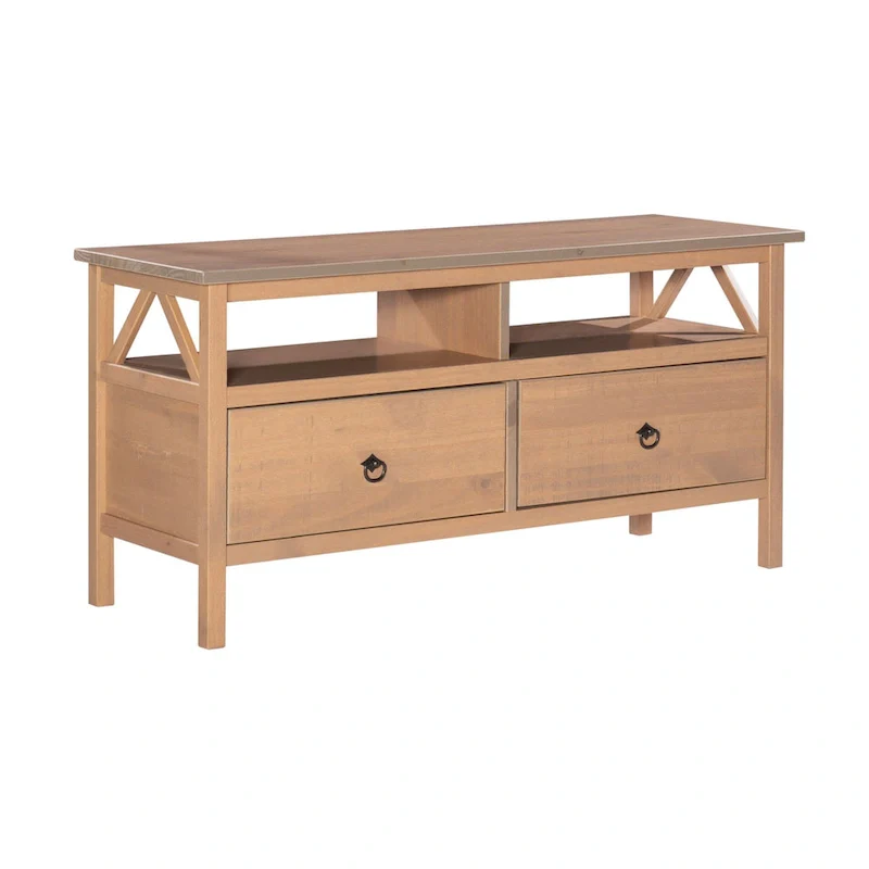 Wood TV Stand with Open Shelf and 2 Drawers, 44 in Wide, Brown
