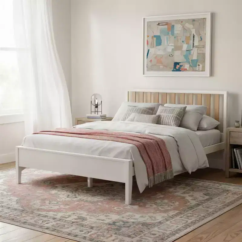 Scandinavian Queen-Size Bed with Slatted Headboard