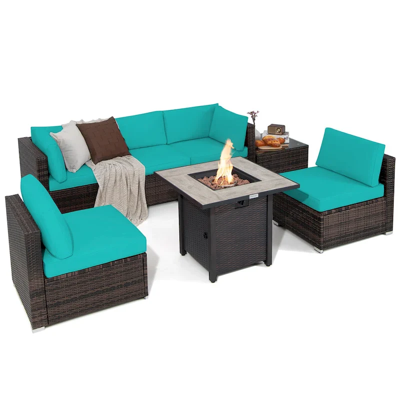 Costway 7PCS Patio Rattan Furniture Set 30 Fire Pit Table Cover - See Details