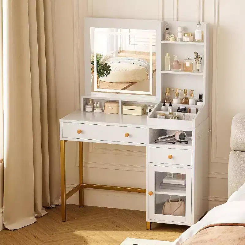 Makeup Vanity Desk with 3 Color Led Light, Makeup Vanity with Large Mirror and Power Outlet, Dressing Table with 2 Drawers White 55.9H