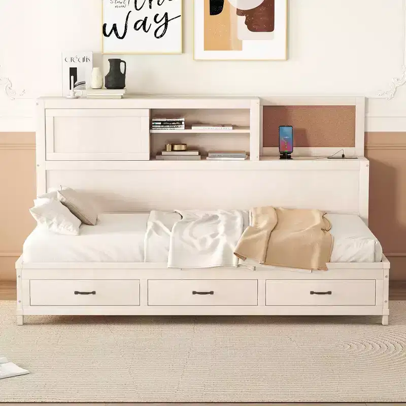 Daybed with 3 Storage Drawers and Sockets and USB Ports, Wooden Bedframe with Upper Soft Board for Bedroom Guestroom, White