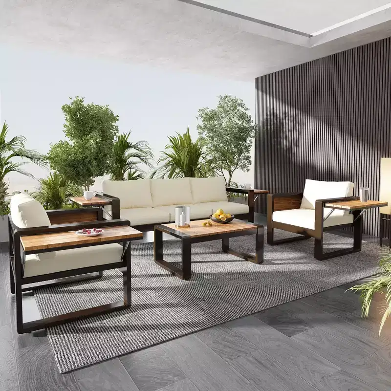 ModernLuxe 4pcs Outdoor Sofa Set Patio Conversation Set Garden Seating Set for 5 with Coffee Table, 3-Seat Sofa & 2 Armchairs with Fold-Out Side Table