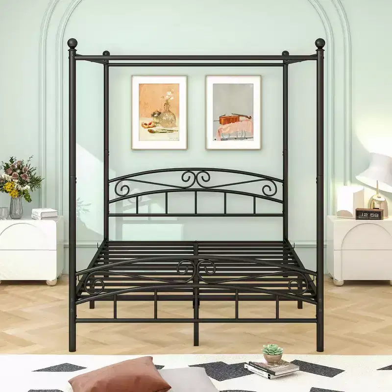 Queen Size Metal Canopy Bed Frame with Vintage Headboard & Footboard, Noise-Free for Bedroom