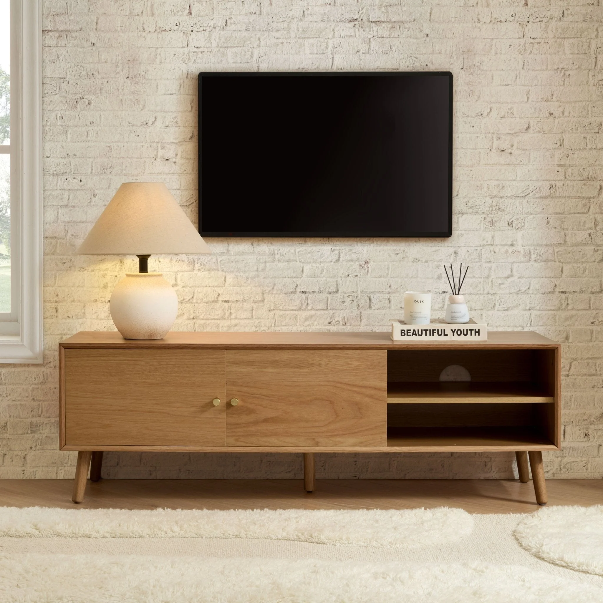 Scandi Light Wood Oak TV Unit with Storage for TVs up to 60 Inch for Living Room