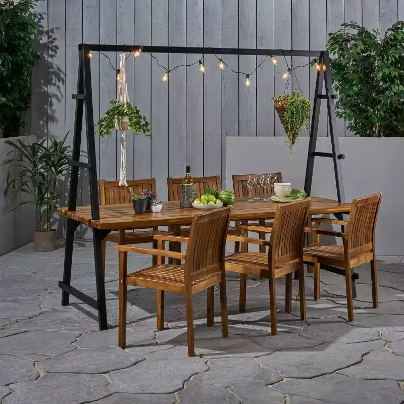 Huckleberry 7pc Acacia Wood and Iron Planter Dining Set