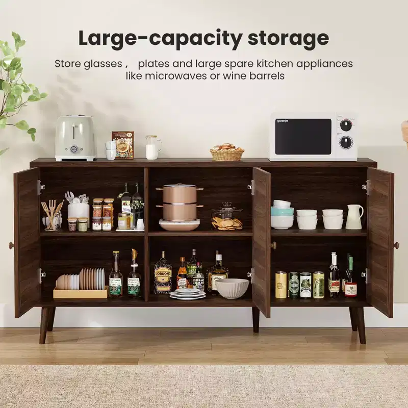 PexFix Side Panel Cabinet With 3 Rattan Doors Kitchen Storage Cabinet Modern Adjustable Legs