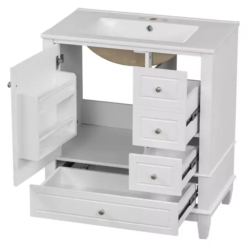 Okak 30 Inch Storage Cabinet Bathroom Vanity with Sink, One Door with Shelf and Three Drawers, Soft Close Door