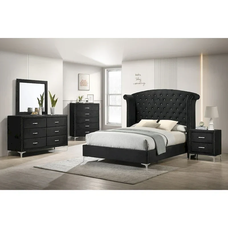 Sheridan Black Velvet Wingback Upholstered Tufted King Panel Bed