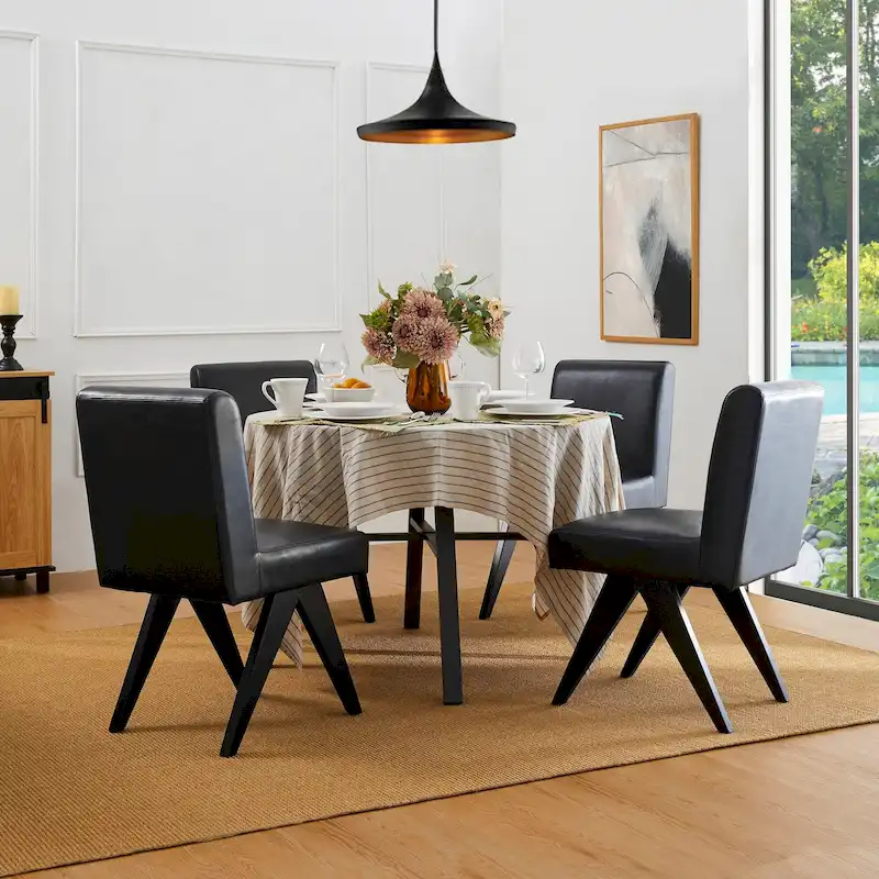 Faux Leather Upholstered Dining Chairs with V-Shaped Wood Legs