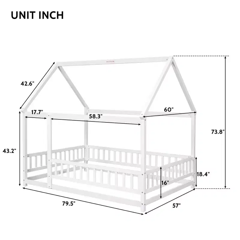 Bellemave Full Size Floor Bed Frame House Bed for Kids with Cute Roof Frame, Sturdy Wooden Floor Bed Safety Playhouse with Guardrails, White