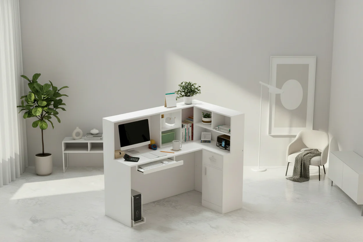L-Shape Wood Reception Desk with Locking Drawer & Storage Shelves