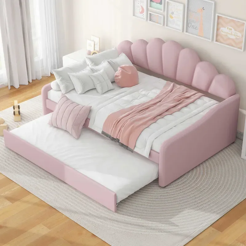 Full Size Upholstered Daybed with Shell Backrest and Trundle