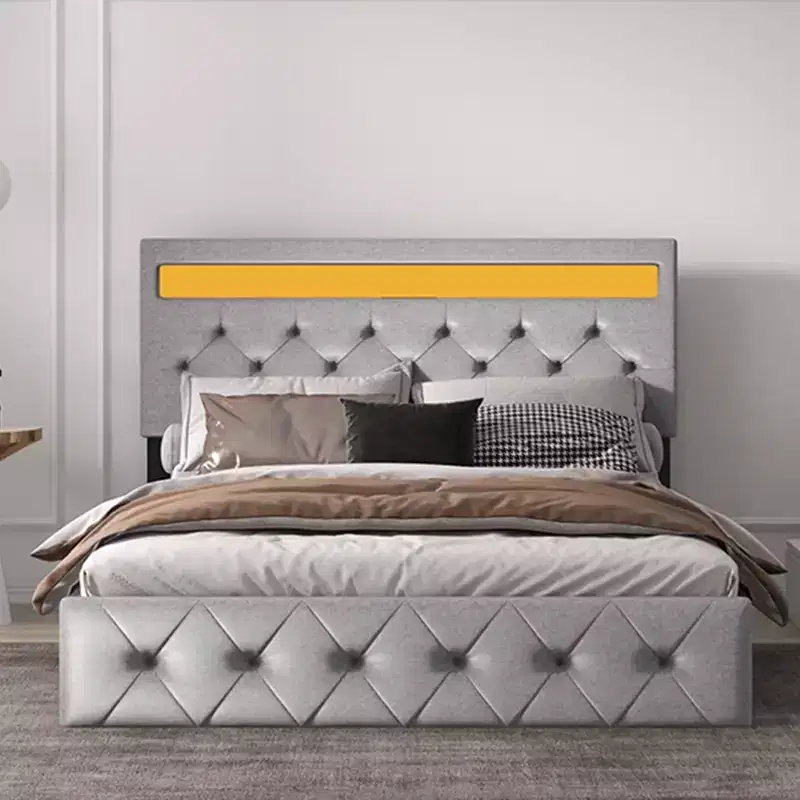 Bed Frame with Lights Headboard, Bed Frame with Fast-Charging USB Port, Upholstered Platform Bed Frame, No Box Spring Needed