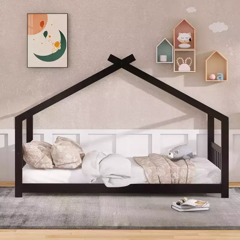 Twin/Full Kids Floor House Bed Frame with Fence and Roof