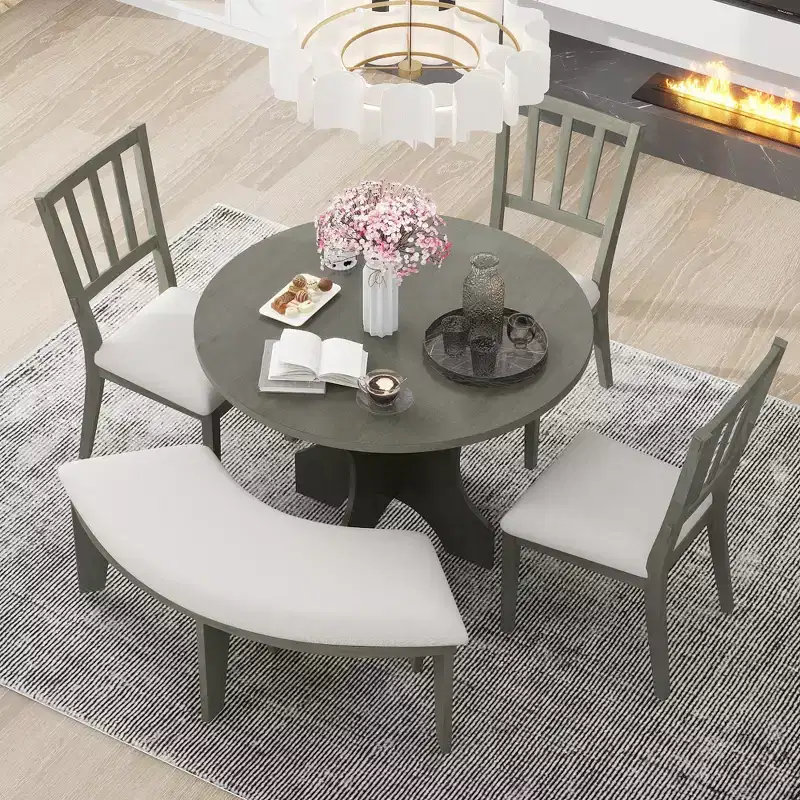 Whisen 5-Piece Rustic Charm Round Dining Set with 3 Upholstered Chairs and Curved Bench for Dining Room, Kitchen