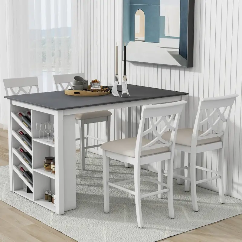 Counter Height 5-Piece Dining Set with Wine Rack, 4 Upholstered Chairs