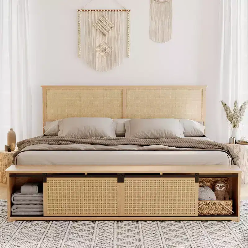 Natural Rattan King Size Bed Frame with Sliding Barn Door Storage Cabinets and LED Light Headboard, Boho Wood Platform Bed , No Box Spring Needed