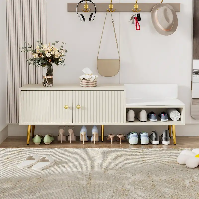 Modern Shoe Storage Bench with Hidden Storage and Upholstered Cushions