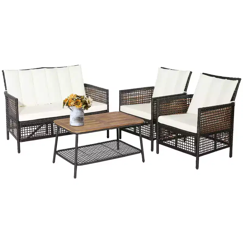 Costway Patiojoy 4PCS Patio Rattan Furniture Set Cushioned Chairs Wood Table Top W/Shelf