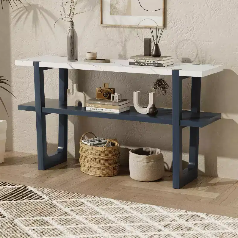 MAYEERTY Console Table with Marble Effect Top Open Shelf For Hallway Living Room Navy