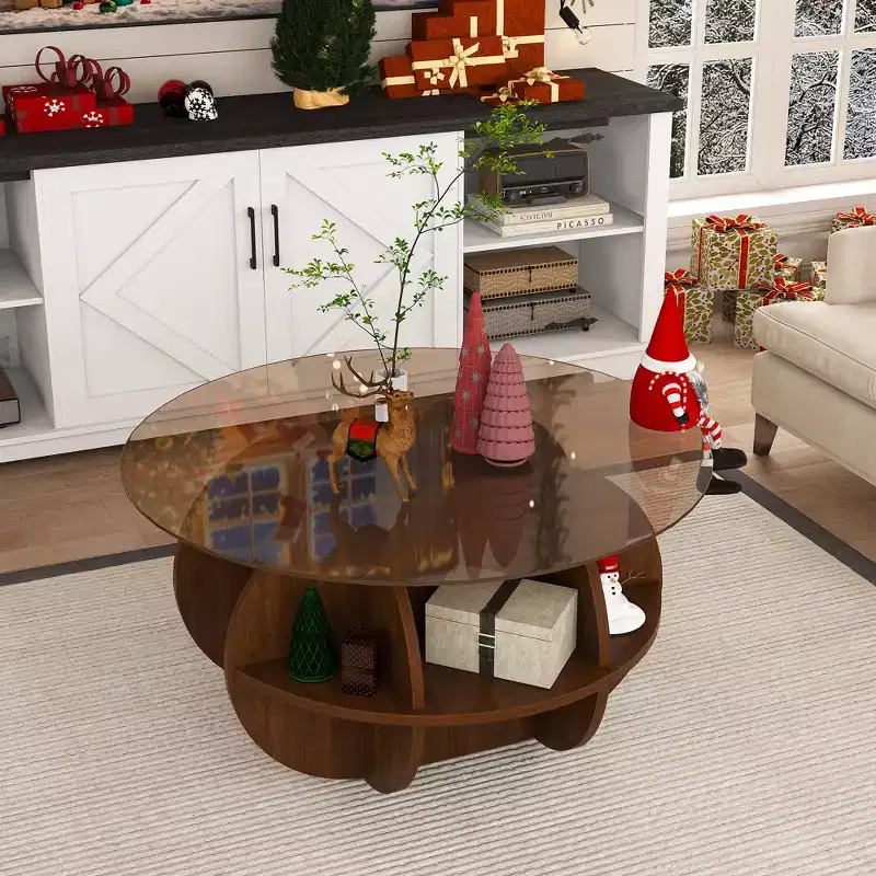Wood and Tempered Glass Round Storage Coffee Table with 4-Tier Shelves