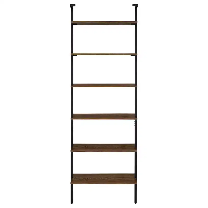 Walnut 6-Shelf Wall Bookcase, Black Metal Frame, 96
