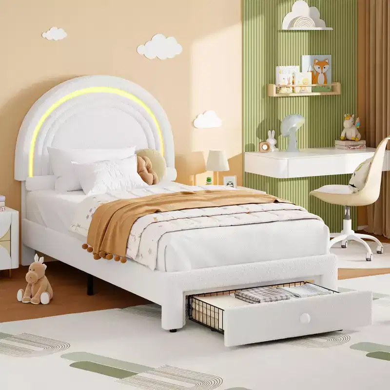 Twin Upholstered LED Bed Frame for Kids, Storage Drawer and Rainbow Headboard, Fleece Princess Platform Bed , Wood Slat Support, White