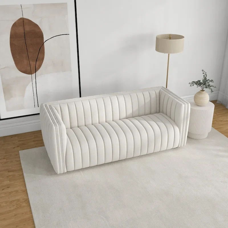 Rasam Mid Century Modern Luxury Tight Tufted Back French Boucle Couch in Cream