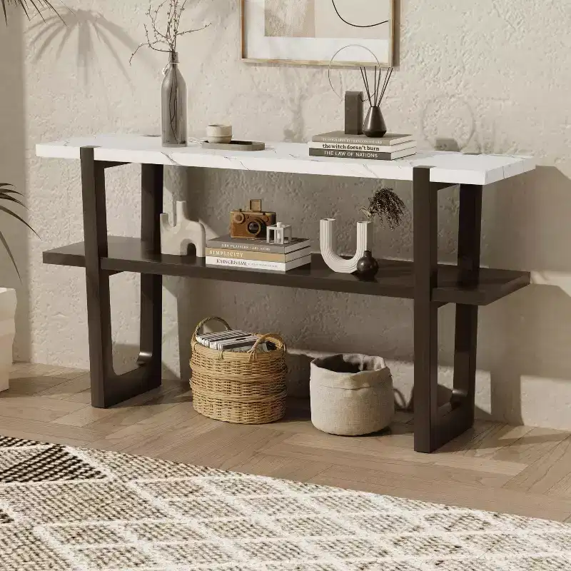 Console Table with Marble Effect Top Open Shelf For Hallway Living Room Espresso