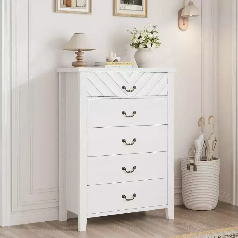 TROPOW Farmhouse 5 Dresser for Bedroom, 45.2 Tall Dresser, Vertical Drawer with Storage Freestanding, Wooden Closet Storage Chest for Bedroom