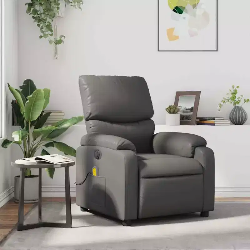 Gray Leather Massage Recliner Chair – 6-Point Vibration, Adjustable Back & Footrest