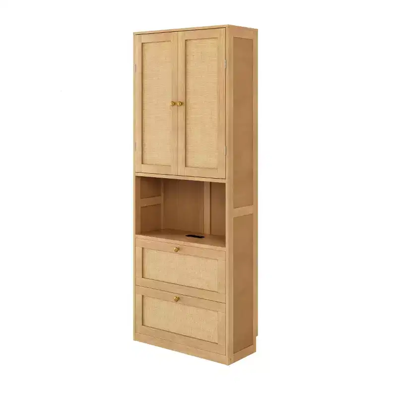 2 Doors Bookshelf with USB Port and 3 Drawers Side Cabinet Storage Shelves, Natural