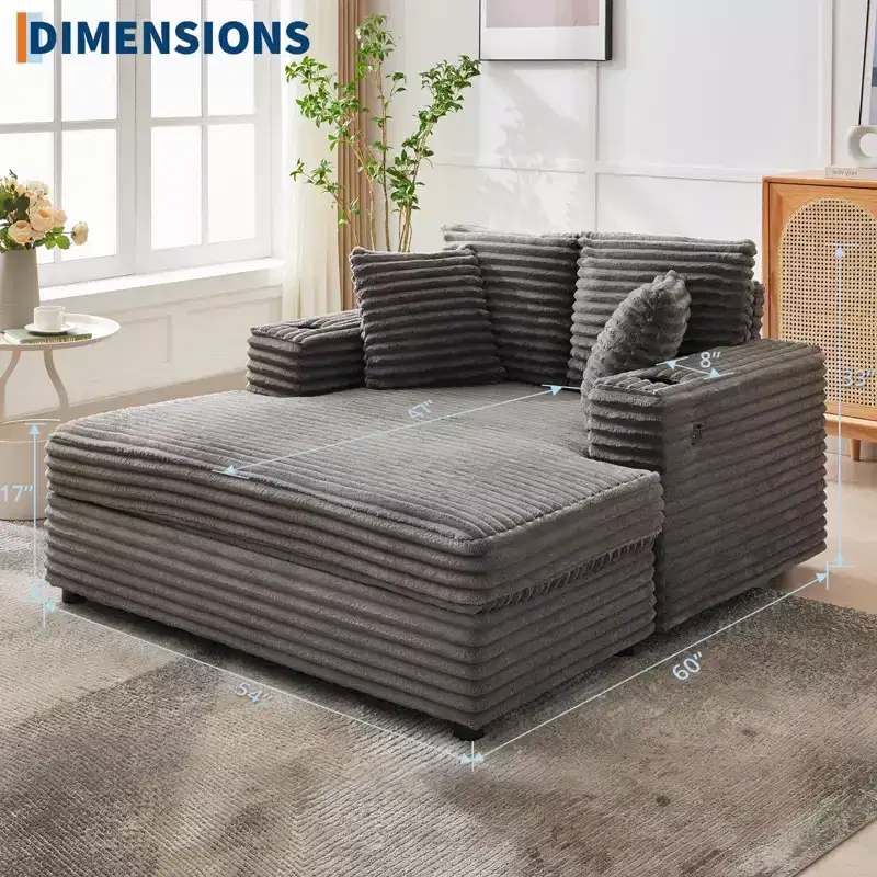 Corduroy 3-Seat Lounge Sofa with Cup Holders & Charging Ports