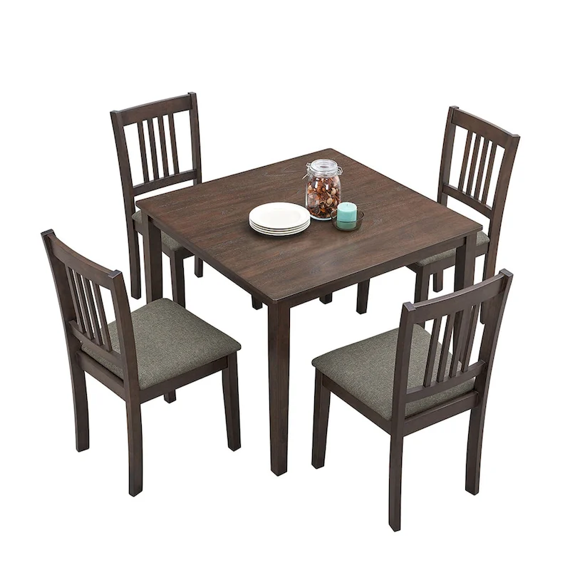 Kitchen Breakfast Nook Dining Table Chairs Set Square Wooden Dining Table Casual Dining Table with 4 Upholstered Dining Chairs