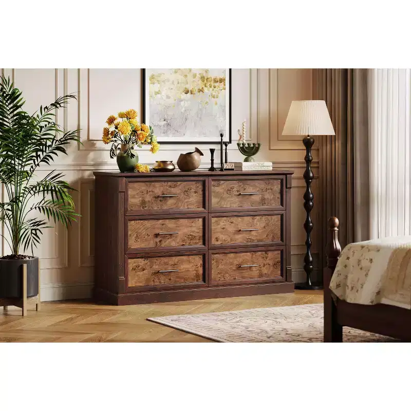 6-Drawer Bedroom Dresser, Rustic Style Large Double-Tier Chest with Metal Handles Wooden Living Room & Hallway Cabinet