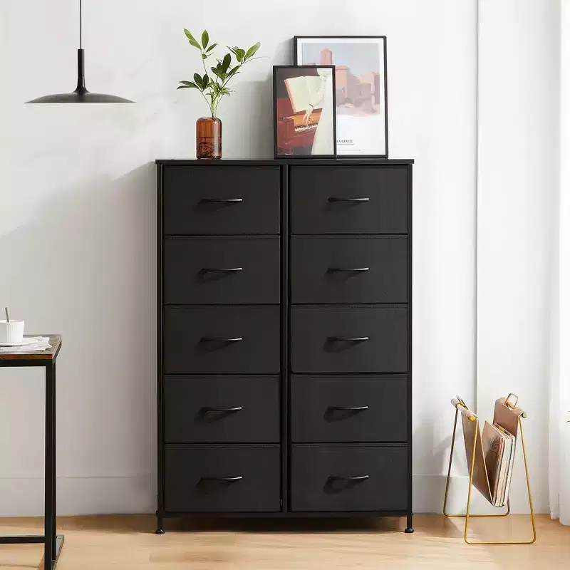 10-Drawer Vertical Dresser - 31.4'' Wide Rustic Fabric Storage Chest for Bedroom/Nursery, Steel Frame