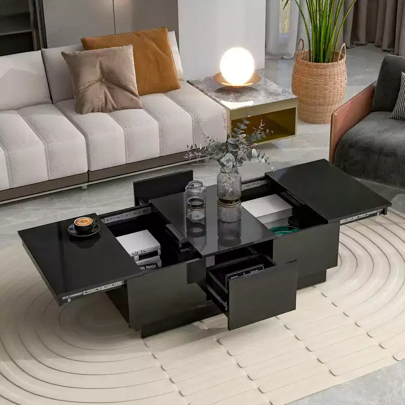 Extendable Rectangular Cocktail Table with 4 Drawers, Hidden Storage & Sliding UV High-Gloss Top