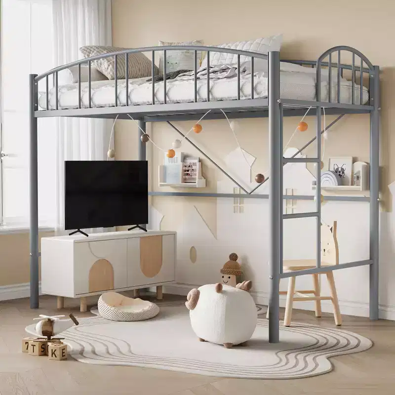 Loft Bed Twin Size, Heavy Duty Metal Loft Bed Frame with Arched Guardrail and Safety Ladder, Space-Saving, No Box Spring Needed, Modern Gray
