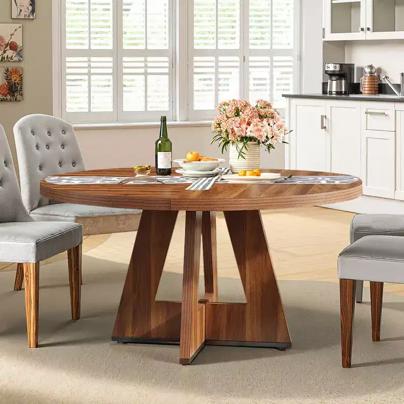 47 Inch Round Farmhouse Dining Table 4 Seater Rustic Kitchen Table with Metal Frame MDF Top