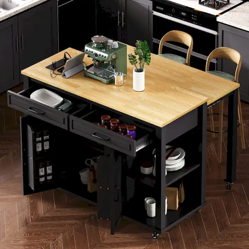 Extendable Kitchen Island on Wheels, Rolling Mobile Kitchen Cart, Bar Cabinet with Internal Storage Rack, 2 Drawers & 2 Cabinet