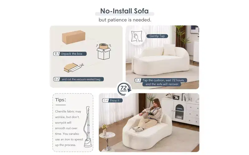 Compression Curved Chaise Longue, Modern Chenille Loveseat Couch with Deep Seat Sofa Bed, 1 Pillow - Milk White