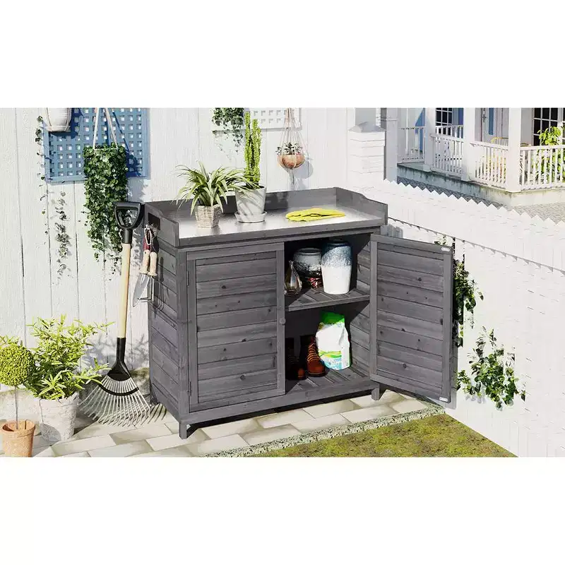 Grey/Orange Wooden Potting Bench with Cabinet, 1-Person, 39
