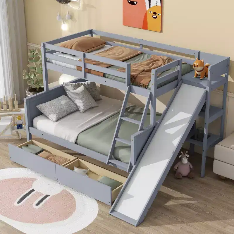 Twin over Full Bunk Bed with 2 Drawers and Shelves for Kids, Wood Bunk Bed with Ladder and Slide
