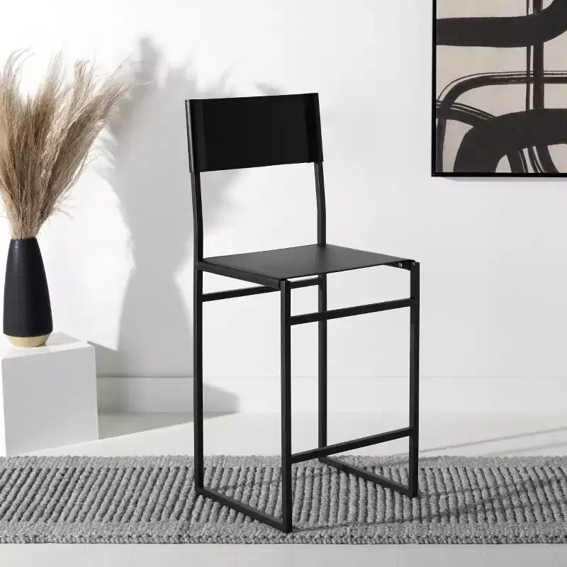 Modern Counter Stool – Iron Frame with Leather Seat, Light Grey & Black
