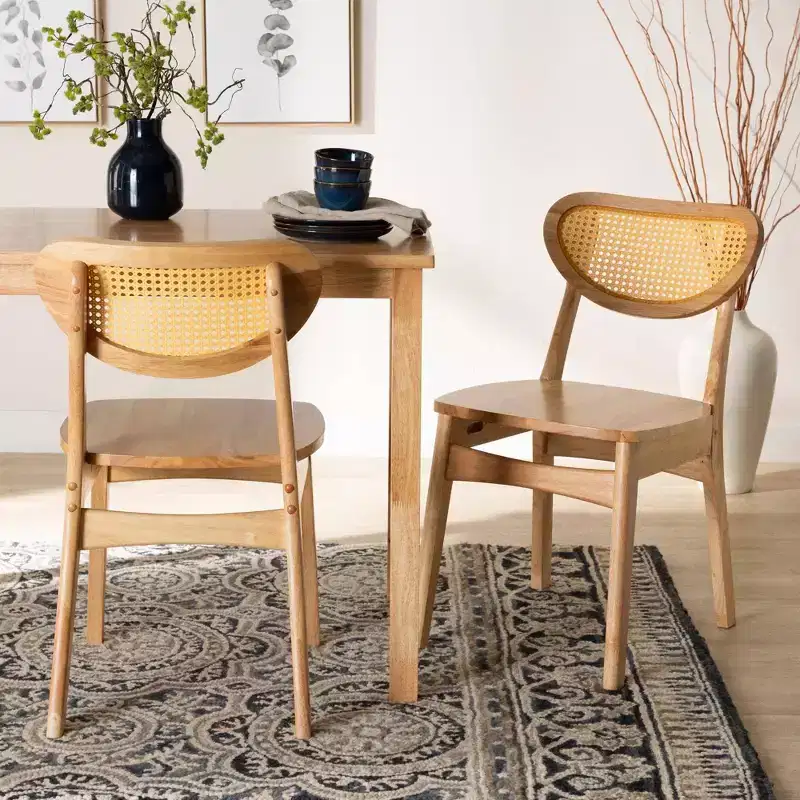 Nenet Wood and Rattan Dining Chair Oak Brown/Light Brown: Mid-Century, Crescent Backrest, Angled Legs
