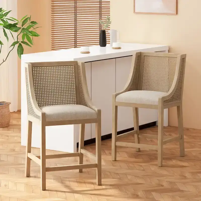 Fabric Upholstered Wood and Cane 25.5-Inch Counter Stools