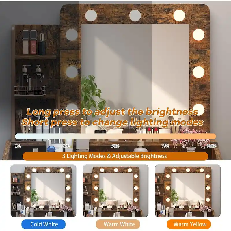 Black / Rustic Brown / White MDF Vanity Desk with 9-Bulb Lighted Mirror, 2 Drawers, Power Outlets and Cushioned Stool for 1 Person