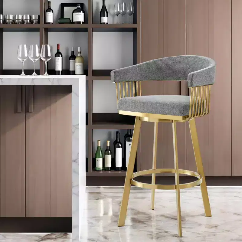 Gray and Gold Fabric and Stainless Steel Low Back Bar Height Swivel Bar Chair