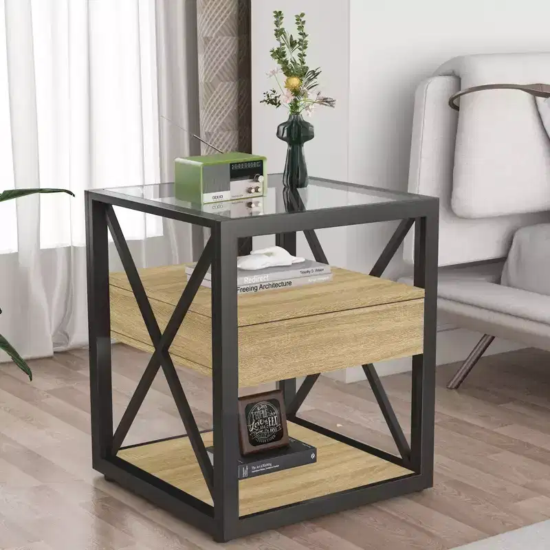 Set of 2 Nightstand with Drawer&Tempered Glass Top, Industrial End Table Accent Table Side Table-Modernluxe